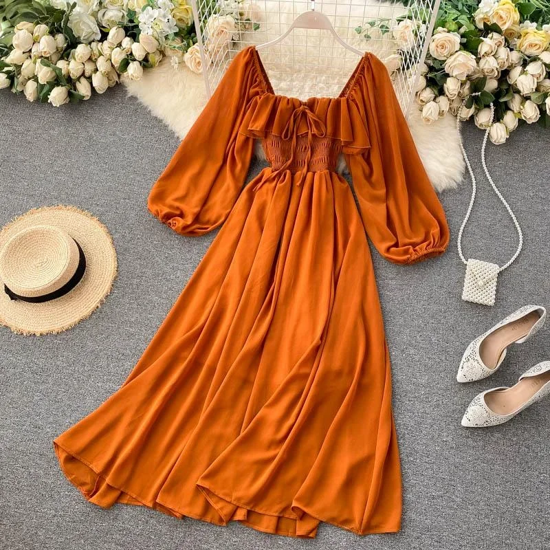 square-collar-maxi-dress-women-solid-chiffon-puff-sleeve-dresses