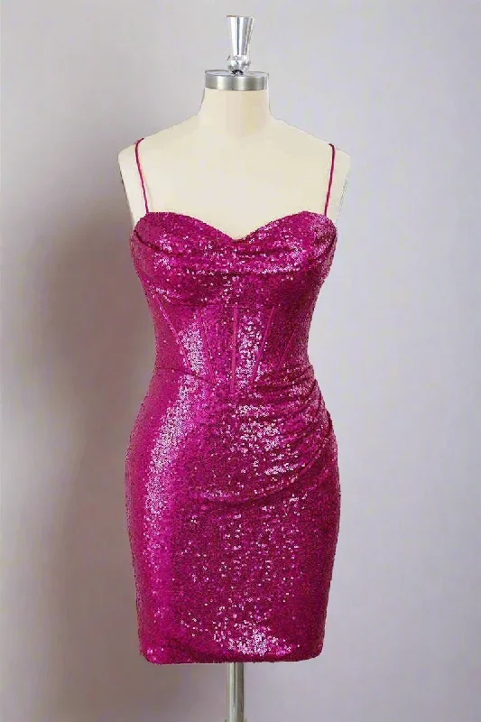 Straps Fuchsia Sequin Bodycon Homecoming Dress