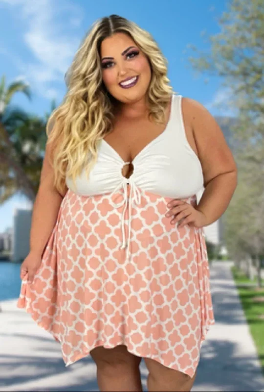 SWIM-K {Swim Wins} Ivory Coral Print One Piece Swim Dress EXTENDED PLUS SIZE 5X