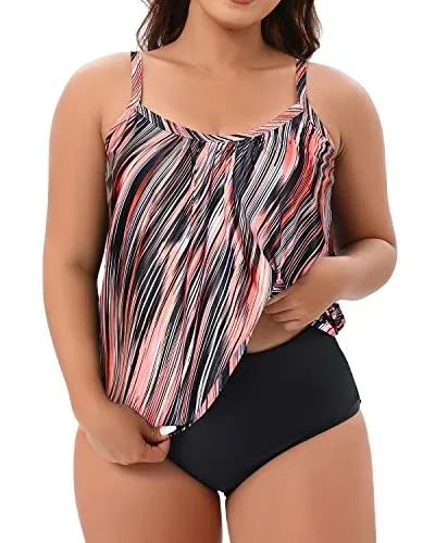 Tankini Swimsuits With Adjustable Straps For Women-Pink Black Stripes