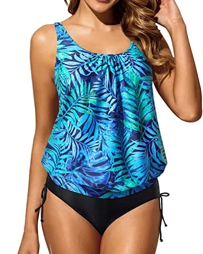 Full Coverage Tummy Control Two Piece Swimsuits-Dark Blue Green Leaves