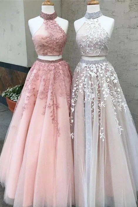 two-piece-high-neck-pink-long-prom-dress-with-lace