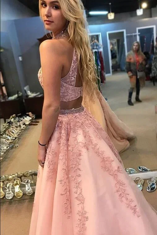 two-piece-high-neck-pink-long-prom-dress-with-lace