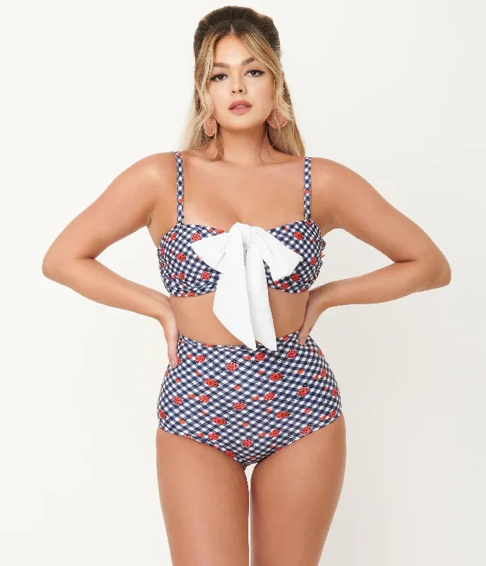 Unique Vintage Navy Gingham & Ladybug Print High Waist Louise Swim Bottom