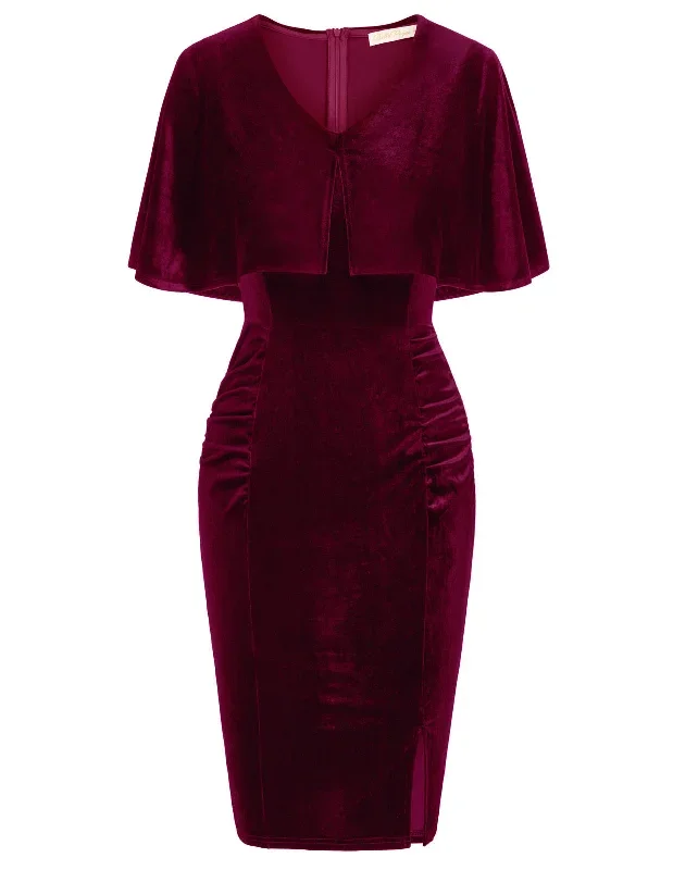 vintage-fans-look-of-vintage-velvet-dress-cape-sleeve-v-neck-ruched-bodycon-dress