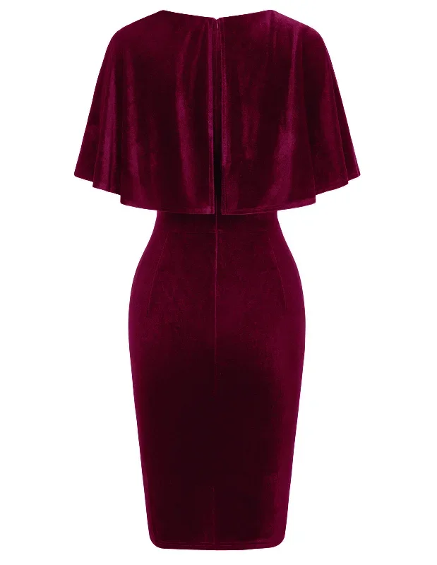 vintage-fans-look-of-vintage-velvet-dress-cape-sleeve-v-neck-ruched-bodycon-dress