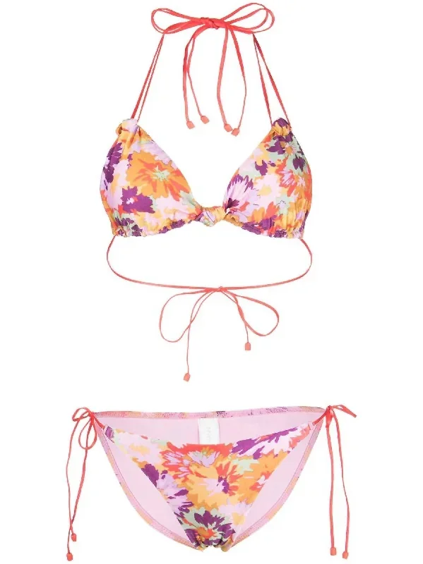 Violet Knotted Tie Straps Two Piece Bikini Swimsuit In Mustard Multi Floral