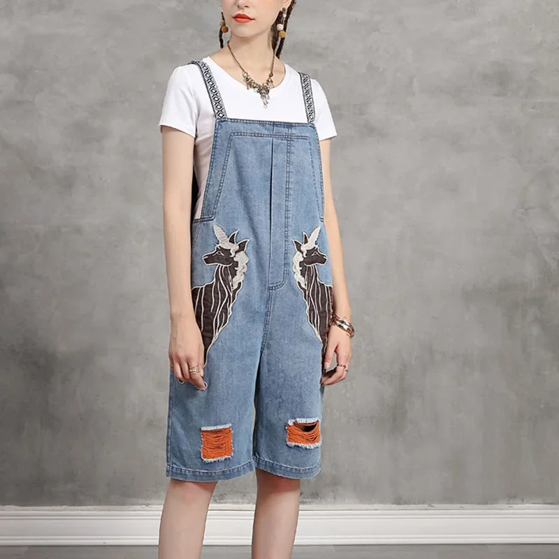 Vogue Light Blue Slash Neck Print Patchwork Denim Jumpsuits Summer