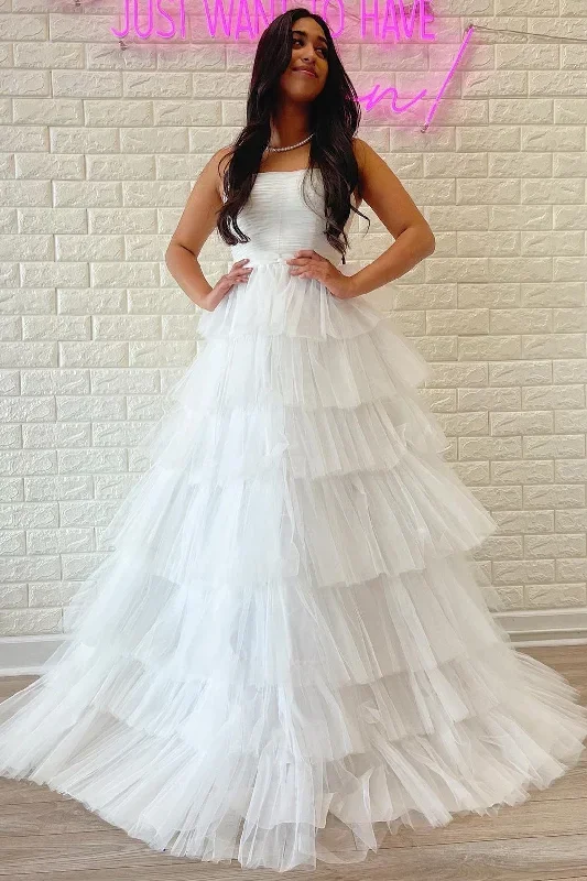 White Strapless Tiered A-Line Long Prom Dress with Ruffles