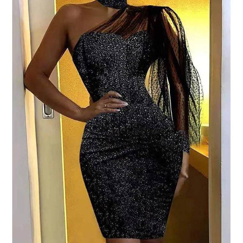 FashionSierra - Women Glitter Mesh Patchwork Bodycon Dress Chocker Neck Black Glittering Mini Dresses Stretchy Party Dress Vestidos Mujer