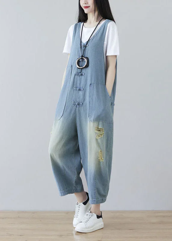 women-light-blue-oriental-button-ripped-cotton-denim-jumpsuit-spring