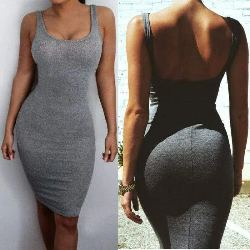 women-package-hip-dress-summer-bandage-bodycon-mini-high-waist-slim-solid-gray-casual