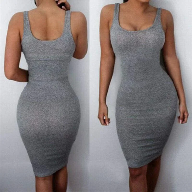 women-package-hip-dress-summer-bandage-bodycon-mini-high-waist-slim-solid-gray-casual