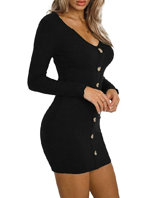 TastyHottie - Women鈥檚 Ribbed Knit Button Down Sweater Dress V-Neck Long Sleeve Bodycon Mini Pencil Dress