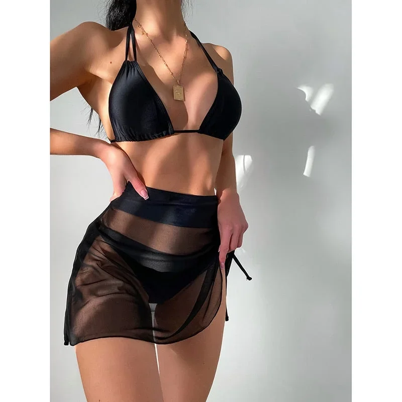 Women Summer Split Bikini Set Ladies Triangle Cup Sleeveless Halter Bra+Soft Shorts+See-through Blouse Skirt Swimwears