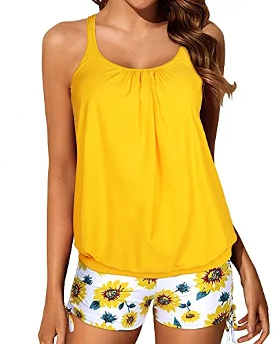 Slimming Womens Blouson Tankini Swimsuit Two Piece Strappy Bathing Suit-Sunflower