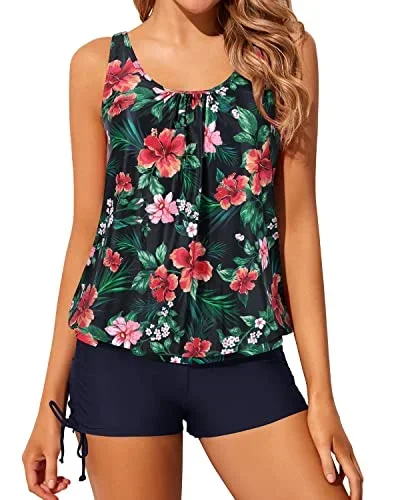 Modest Print Colorful Blouson Tankini Swimsuits For Women-Navy Blue Flowers