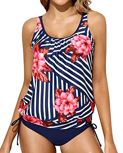 Tummy Control Two Piece Swimsuits For Women With Blouson Tankini Top-Blue Floral