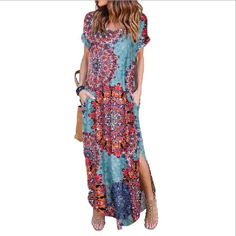 FashionSierra - Women's Boho Pocket Long Maxi Dress Floral Cocktail Party Summer Beach Casual V Neck Split Loose Dress Sundress