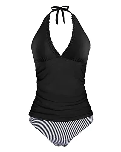 Halter Tankini Top With Adjustable Straps And Removable Padding Swimsuits-Black Stripe