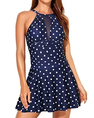 One Piece Swimdress Tummy Control High Neck Halter Skirt Bathing Suits-Blue Dot