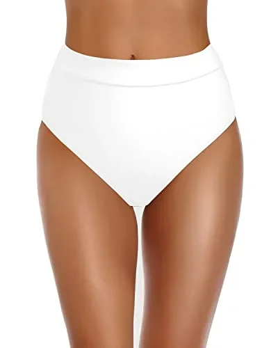 Flattering High Cut Swim Bottom Swimsuit High Waisted Bikini Bottoms-White