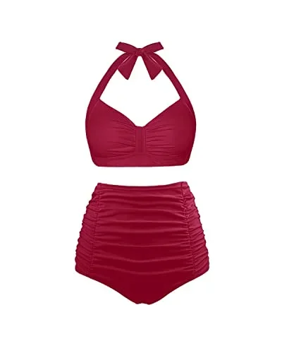 Ruched Twist Vintage Swimsuit Sweetheart Neckline Bikini Set-Red