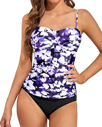 Slimming Tummy Control Bandeau Tankini Tops For Women Swimwear-Blue Floral