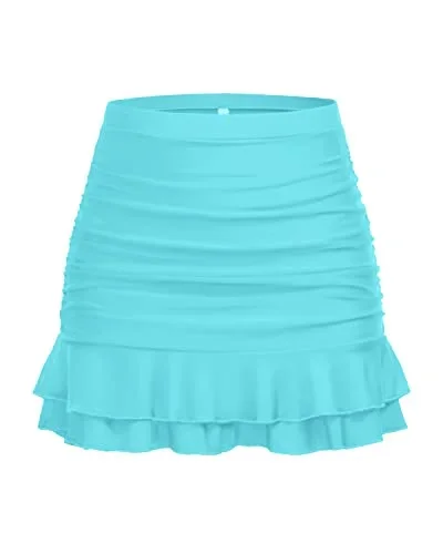 Tummy Control Bathing Suit Bottom High Waisted Ruched Swim Skirt For Women-Blue Green