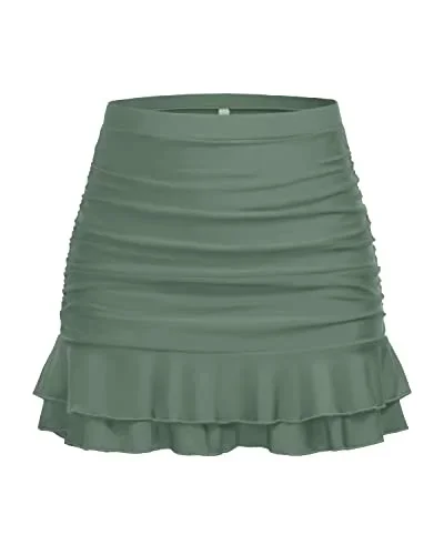 Tummy Control Bathing Suit Bottoms High Waisted Swim Skirt-Olive Green