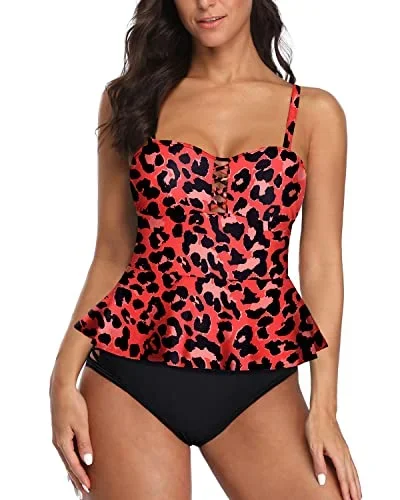 Full Coverage Women's Tummy Control Two Piece Bathing Suits-Red Leopard