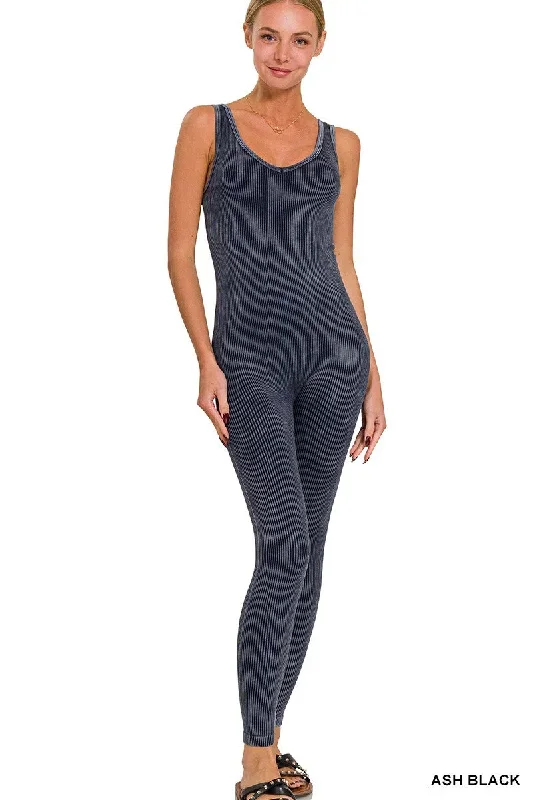 Zenana Stone Washed Ribbed Seamless Sport Jumpsuit NPW-6369 Ash Black