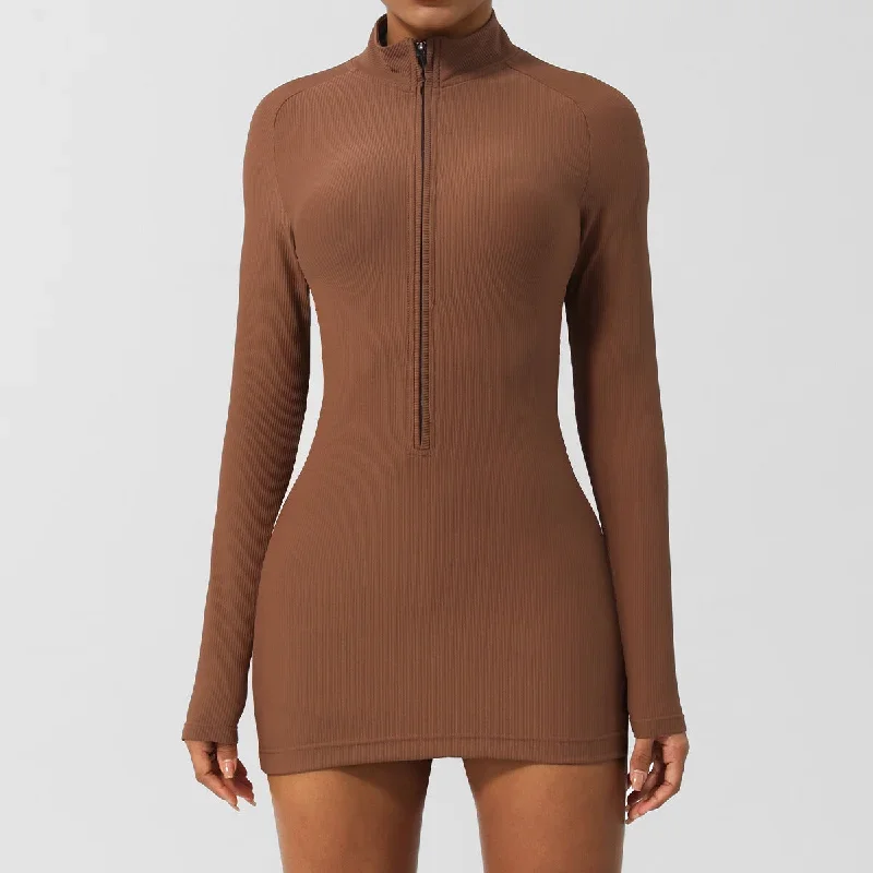 Zipper long-sleeved bodysuit yoga dress 4colors